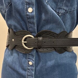 Esprit Black Leather Belt Silver Buckle Wide Statement Waist Belt Size Large